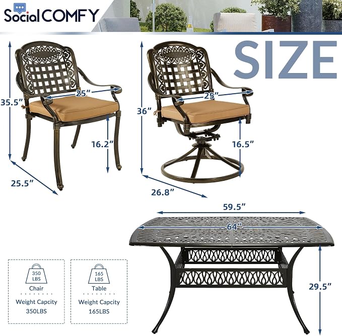 SOCIALCOMF 9-Piece Patio Cast Aluminum Dining Set, Outdoor Table and Chairs Set for 8, Includes 64" Large Square Dining Table, 4 Stationary, 4 Swivel Dining Chairs with Umbrella Hole, Tan