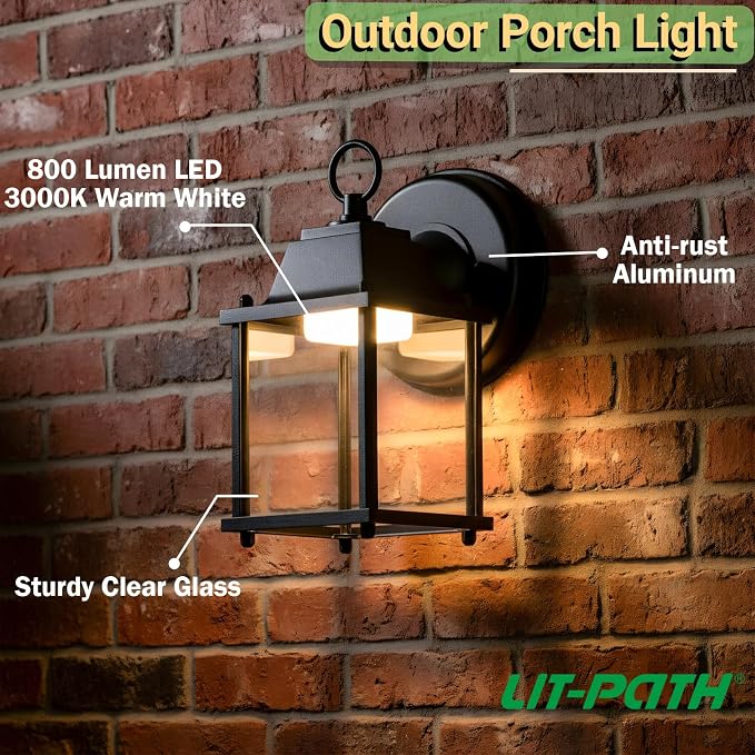 Outdoor Wall Light Fixture, Rustproof Aluminum, Clear Glass, LED | Exterior Porch Light Wall Sconce Lantern for House, Patio, Garage, Waterproof Anti-rust, 9.5W 800 Lumen, 3000K, Black, 2 Pack
