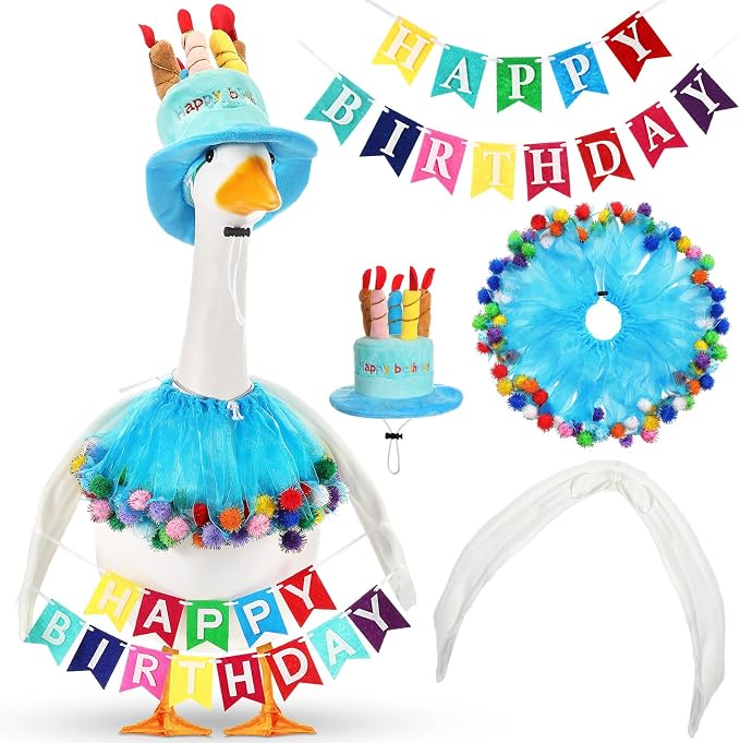 Abbylike 4 Pcs Happy Birthday Porch Goose Outfit for 23" Statues Poseable Porch Goose Wings Birthday Cake Hat for Lawn Patio Outdoor Geese Statue Decoration Accessories(Blue,Gauze Skirt Style)