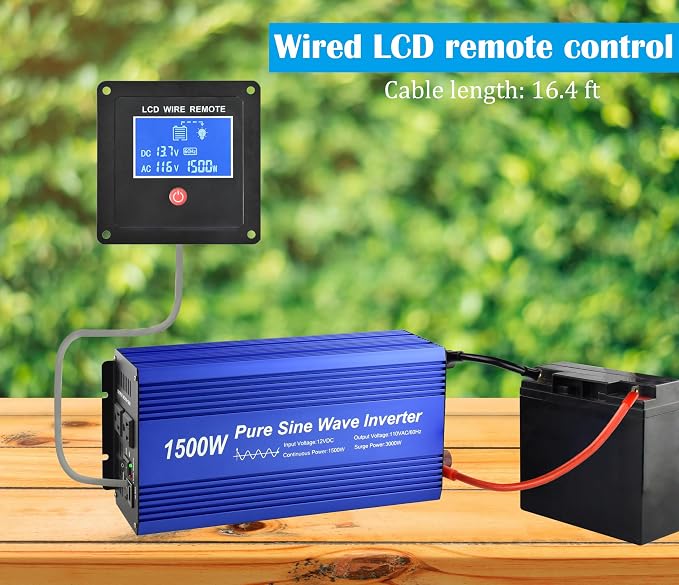 Pure Sine Wave Power Inverter DC12V to AC 110V with Dual sockets and USB, LCD Remote kit. (1500W)