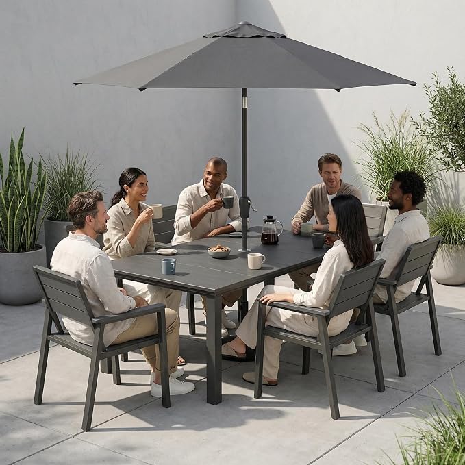 Kingdura 7 Piece Patio Dining Set for 6, HDPE & Metal Outdoor Table & Chairs with Umbrella Hole, All-Weather Outdoor Furniture Patio Conversation Set for Lawn Pool Backyard, Grey
