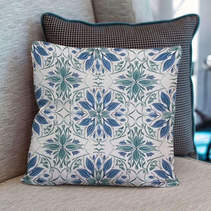 Pillowcase Mughal Flower Pillowcase Farmhouse Blue Lotus Floral Pillow Cover Accent Throw Pillow Covers Farmhouse Decorative for Sofa Bed Chair Car 22x22 in