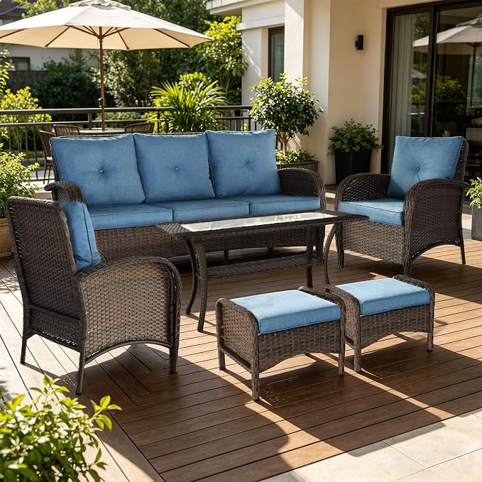 Outdoor Swivel Rocker Patio Chairs (Brown Wicker/Blue Cushion, 6PC/Sofa & Chair &Coffee Table & Ottomans)