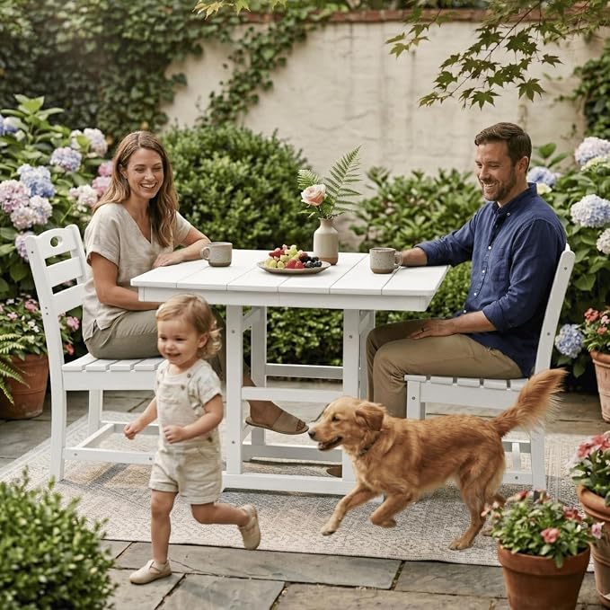 KEIKI 3-Piece HDPE Patio Dining Set Bistro Table Chairs for Porch Deck Lawn Modern Durable All-Weather Coffee Square Table, Compact 2-Person Small Space Easy Cleaning Outdoor Living Bistro Set, White