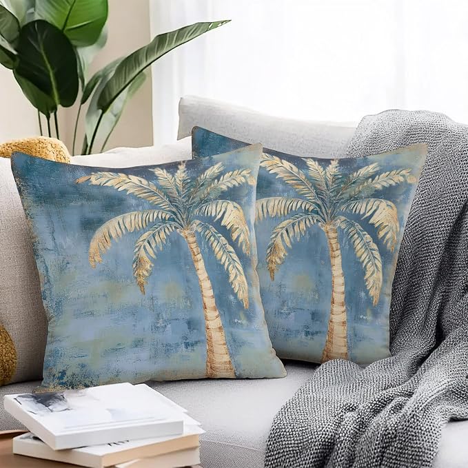 Coastal Beach Tree Blue Brown Outdoor Waterproof Pillow Covers, Vintage Summer Palm Tree Decorative Square Throw Pillowcase, Tropical Botanical Sofa Cushion Sham for Patio/Couch/Chair, 16"x16" 2 Pack