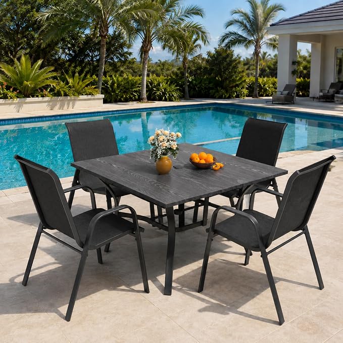 5 Piece Patio Dining Set, Stackable Outdoor Chairs Set of 4 with Textilene Fabric, 37.8" Wood-Grain Square Table with Umbrella Hole for Backyard Lawn Party (1 Table + 4 Chairs) (Black)