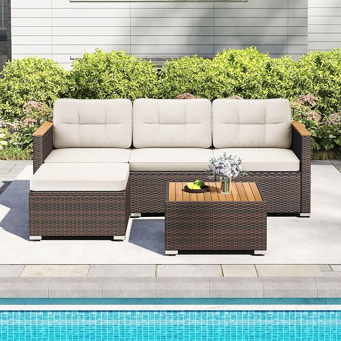 Tangkula 5 Pieces Outdoor Patio Furniture Set, L Shaped Rattan Cushioned Chairs & Coffee Table Set, Outdoor Sectional Conversation Sofa with Wood Armrests & Tabletop for Backyard, Porch, Balcony