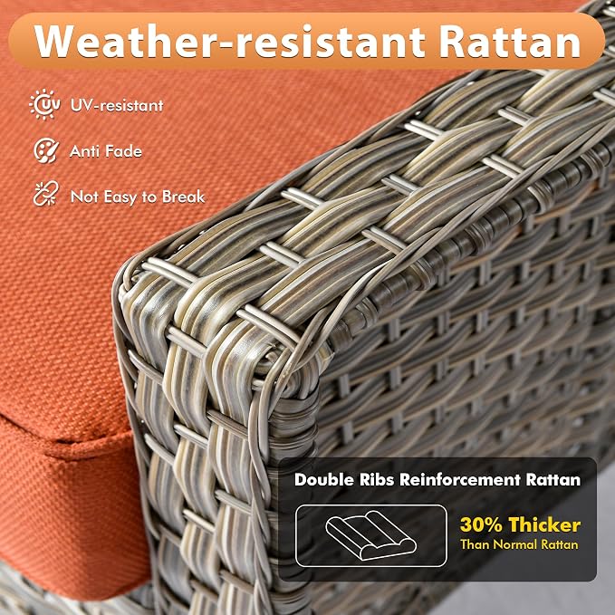 Outdoor Patio Furniture Sets, 4 PCS Patio Conversation Set Outside Rattan Sofa with Solar Light Coffee Table Comfy Cushions Fit Backyard Porch Garden Poolside Balcony,Orange Red