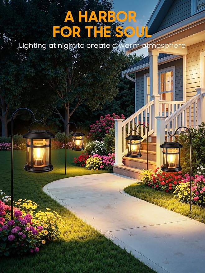 Solar Lantern Outdoor Waterproof, 4 Pack Bright Hanging Solar Lights for Outside Decorative, Upgraded Solar Powered Lanterns LED Lighting for Garden Patio Porch Decor Gifts (Warm Light)