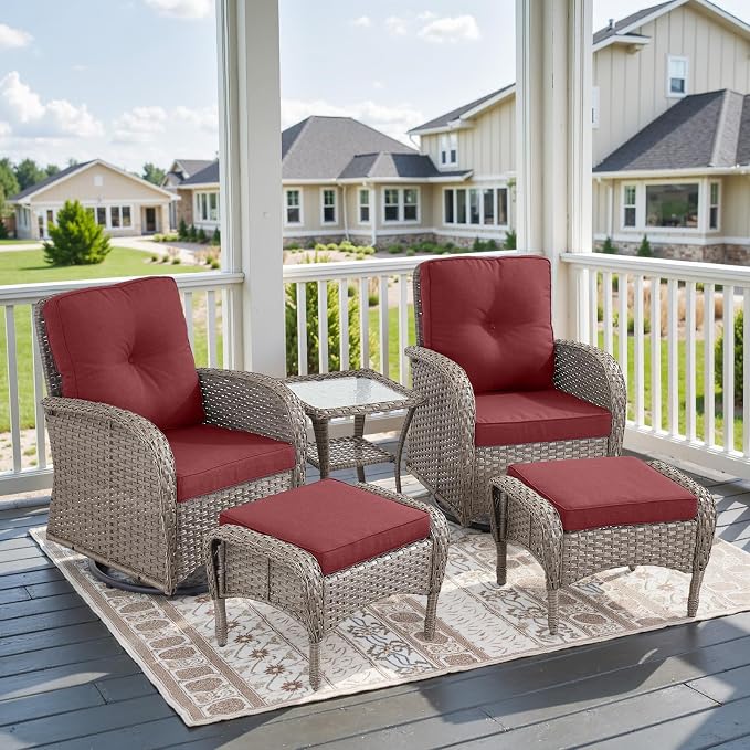 Belord 5 Piece Swivel Rocker Glider Outdoor Chairs Set of 2 with Ottoman and Glass Side Table Patio Bistro Furniture Set, Comfort High Back Wicker Patio Conversation Set for Deck Porch Sunroom