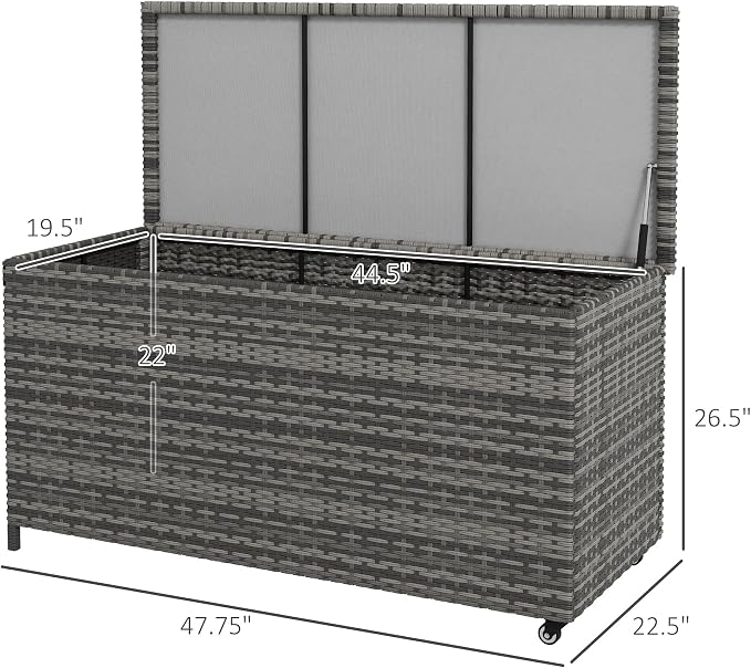 83 Gallon Deck Box, Large Outdoor Storage Chest, PE Wicker Trunk for Outside on Wheels for Tools, Pool Supplies Patio Furniture Cushions, Gray