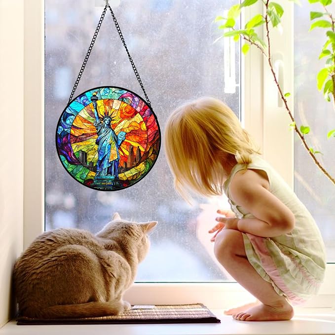 DASTOLL Stained Glass Window Hanging, Statue of Liberty Sun Catchers Diamond Glass Panel Hangings Suncatcher Decor for Birthday for Women, Men, Wife, Aunt, and Mom 7.8x7.8 in