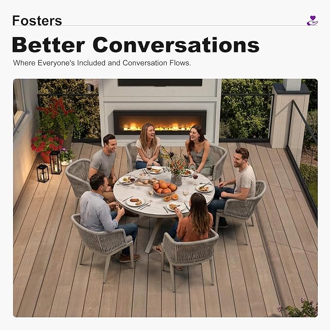 PURPLE LEAF 7 Pieces Round Patio Dining Set Aluminum Frame and Wicker Rattan Round Table and Arm Chairs with Cushions for Garden Porch Kitchen Modern Outdoor Champagne