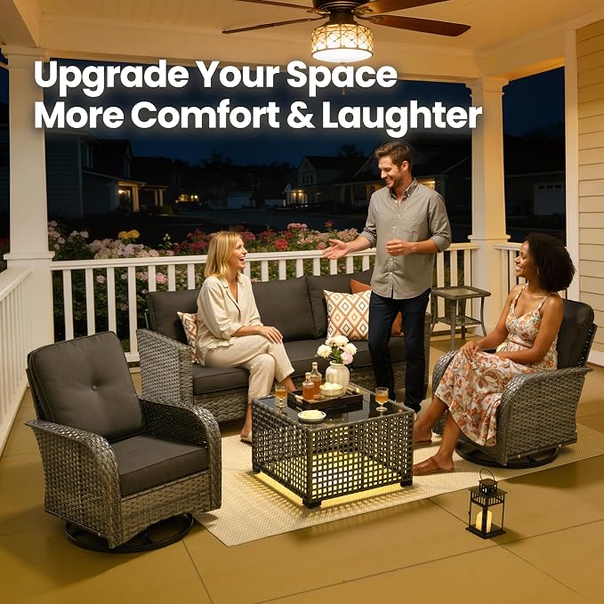 5 Piece Wicker Patio Furniture with Swivel Rocker Chair, Black | High Back Swivel Rocker Chairs, All Weather Rattan Outdoor Sofa, Solar Lights Table, Modern Conversation Sets, Deck Backyard