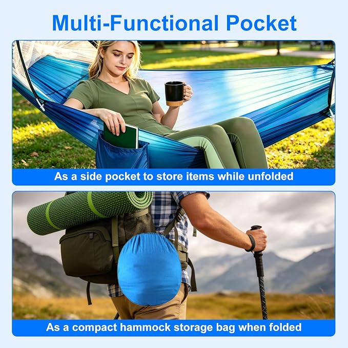 Camping Hammock with Mosquito Net, 3 in 1 Portable Hammock Tent 440lbs Capacity Attached Storage Pocket Single Nylon Hammock Set for Outdoor Travel Camping Hiking Backpacking (RoBlue SkyBlue)