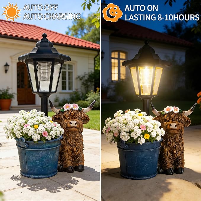 Solar Highland Cow Outdoor Statue, Garden Decor with Flowerpot & Lantern | Highland Cow Figurines for Yard Art Lawn Ornaments Porch Patio Balcony - Gifts for Women Mom Grandma