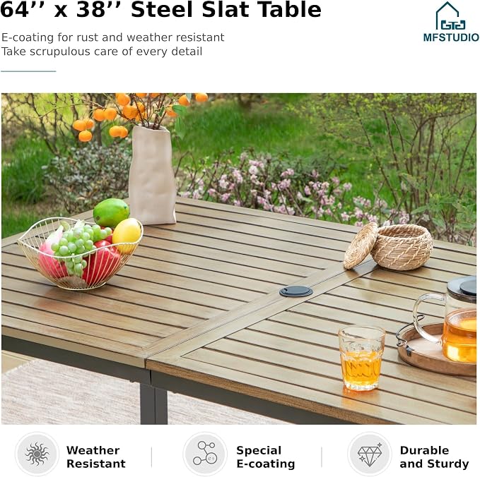 MFSTUDIO 7-Piece Patio Dining Set, 64" Wood-Look Table, Swivel Chairs | Cushions Chairs, Mixed Swivel and Fixed Chairs, Umbrella Hole, Seats 6, All-Weather Use