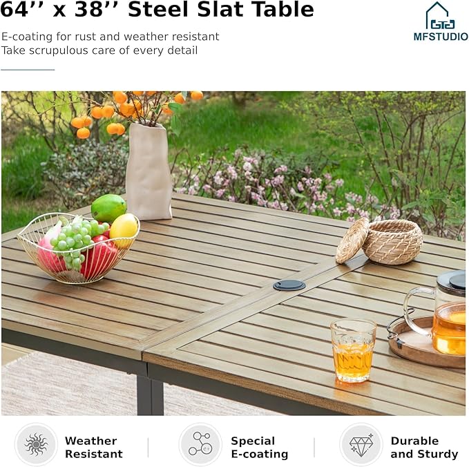 MFSTUDIO Outdoor Dining Set for 6, Metal Patio Dining Set for Deck Backyard Poolside Garden, 7 Piece Patio Table and Chairs Set with Umbrella Hole