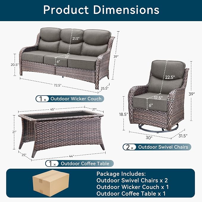 Luxury High Back Outdoor Furniture with 6-Inch Thick Cushions, Patio Furniture Set with Swivel Chairs, 4 PCS Wicker Conversation Set for Porch, Balcony, Deck and Yard