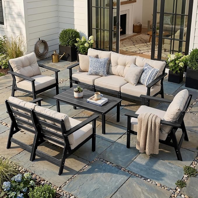HDPE Patio Conversation Set 7 Seats, Outdoor Furniture Set, Patio Sofa Set | Water-Resistant Thick Cushion, HDPE All Weather, Wood-Grain, No Rot or Rust or Crack, UV Fade Shield, Easy-Clean for Outside