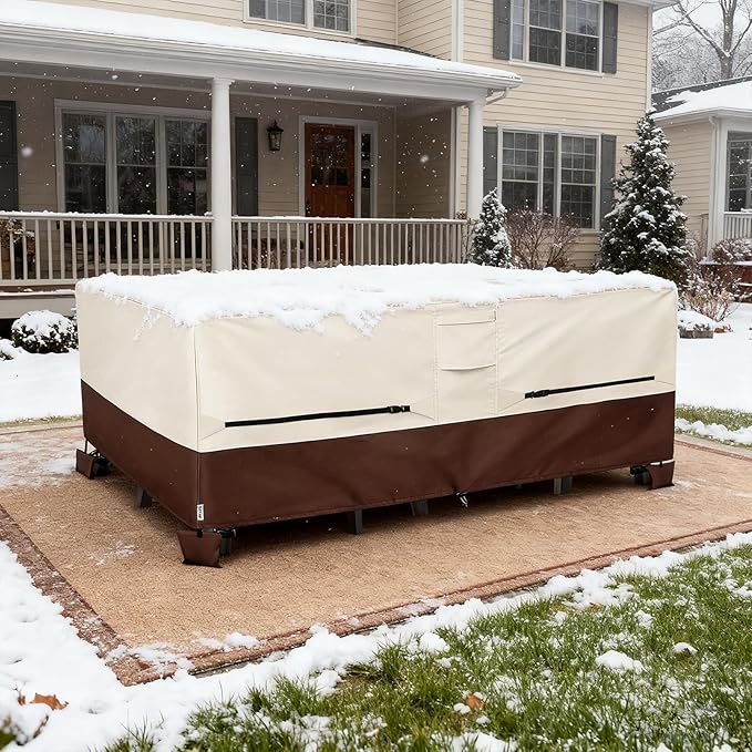 Patio Furniture Covers,Outdoor Furniture Cover Waterproof,600D Rectangular Patio Heavy Duty Table Cover,Outdoor Dining Table and Chair General Purpose Furniture Covers 126"L x 63"W x 28"H-Beige