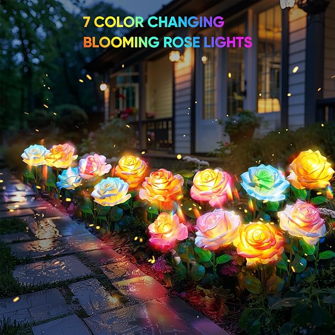 8 Pack Solar Flowers Lights Outdoor Waterproof for Garden Decor, Solar Garden Lights for Outside, Outdoor Solar Lights for Yard with Solar Rose Lights, Yard Decorations