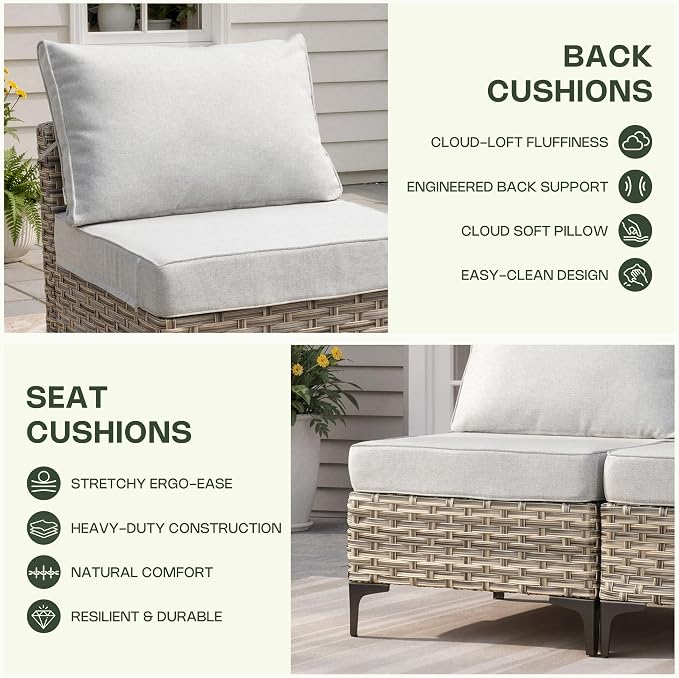 11 Piece Patio Furniture Set Outdoor Sectional with 54" Fire Pit Table, Swivel Rocking Chairs and L-Shaped Rattan Couch, Modular Conversation Set with Solar Coffee Table for Deck, Light Gray