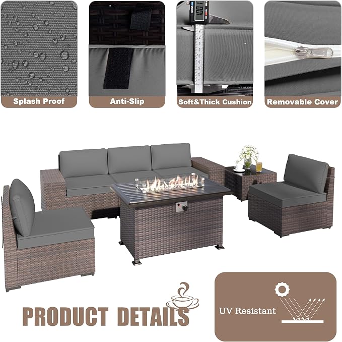 Kurapika 10 Pieces Patio Furniture Set, Rattan Wicker Outdoor Conversation Sets w/43in Propane Fire Pit Table, Swivel Rocking Chairs Patio Sectional Sofa w/4 Inch Cushion, Grey