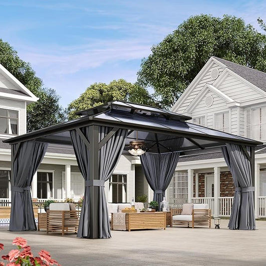 Aoxun 12'x16' Hardtop Gazebo, Aluminum Frame Permanent Pavilion with Curtains and Netting, Outdoor Polycarbonate Double Roof Canopy