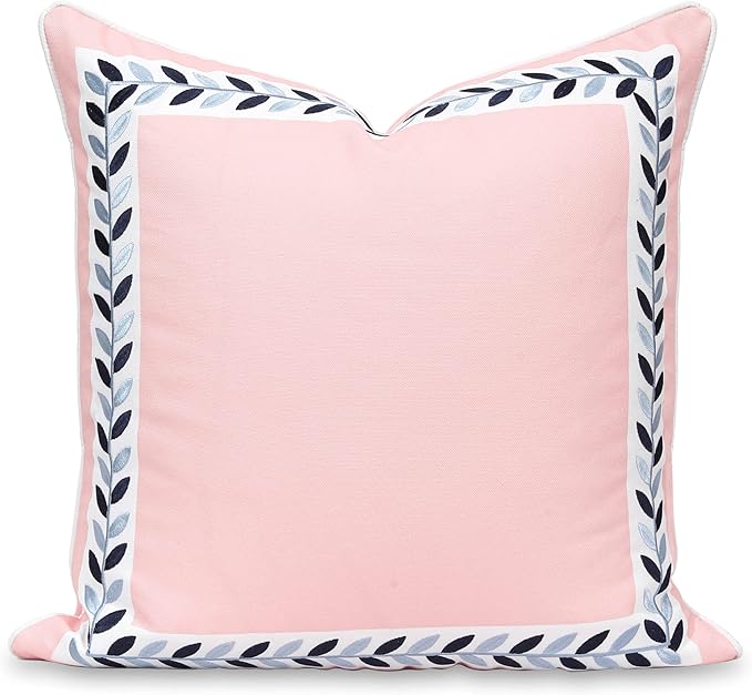 Hofdeco Premium Coastal Patio Indoor Outdoor Throw Pillow Cover Only, 20"x20" Water Repellent for Backyard, Couch, Blush Pink Embroidered Frame Leafs with Piping