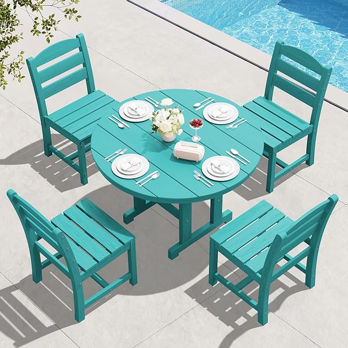 SERWALL 5-Piece Patio Dining Sets, HDPE Outdoor Table and Chairs Furniture Set, 45" Round Dining Table and 4 Armless Dining Chairs, Aruba