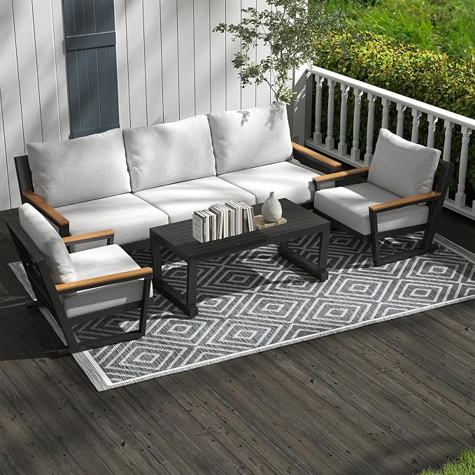 Aluminum Outdoor Patio Furniture Set with Coffee Table,4 Piece Patio Conversation Sets with Washable Thick Cushions, Outdoor Sectional Furniture Set for Porch, Balcony, Deck, Yard, Grey