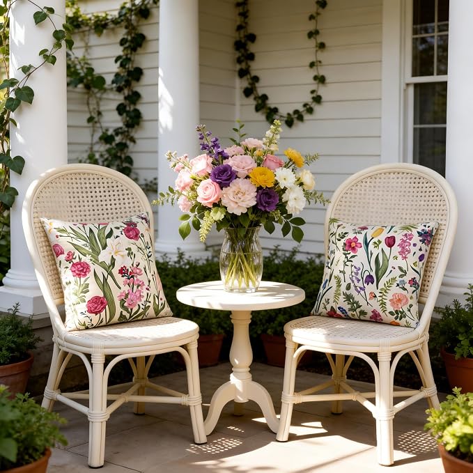 Pyonic Waterproof Outdoor Pillow Covers 18x18 Inch Set of 2 Pink Floral Plant Outdoor Pillows for Patio Furniture Porch Spring Summer Garden Decoration for Home, Meadow Flowers and Herbs