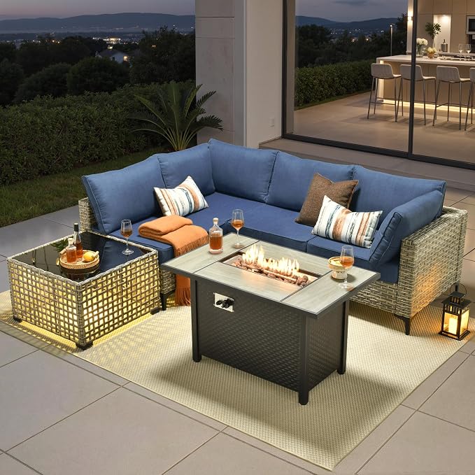 6 Pieces Patio Furniture Set with 42" Fire Pit, All-Weather Rattan Outdoor Sectional Conversation Sets L Shaped Sofas with Solar Light Coffee Table for Porch Balcony Backyard Denim Blue