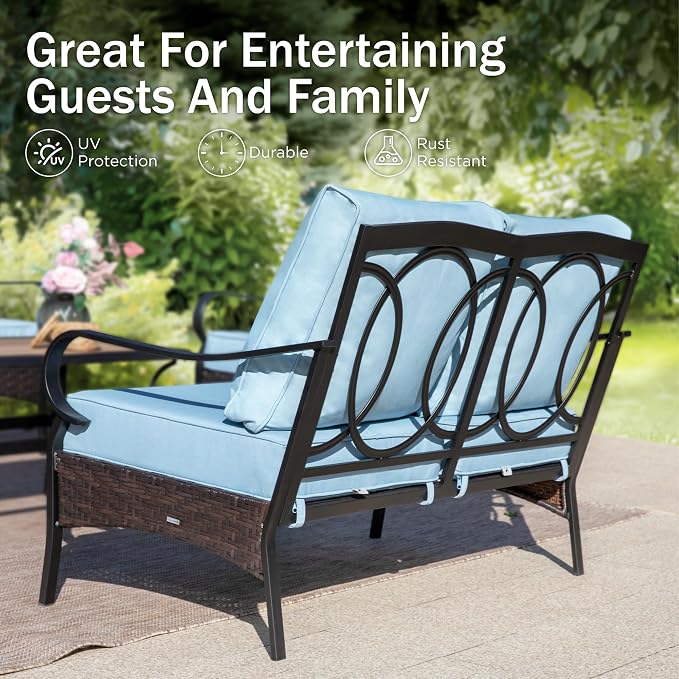 PHI VILLA Outdoor Porch Furniture Set, Upgraded Wicker & Metal Deep Seating Patio Furniture Conversation Set with Waterproof Thick Cushions for Balcony, Yard (4 Pieces,Blue)