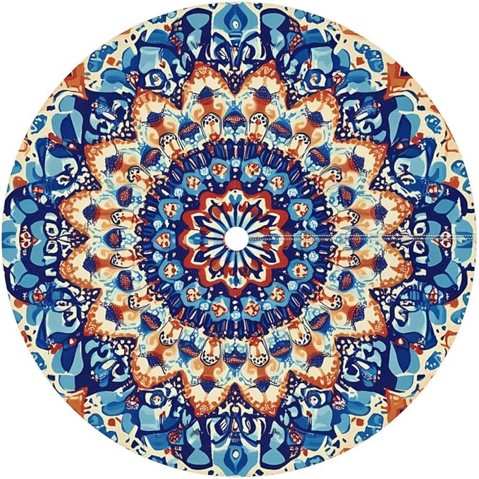 OSAM SPACE Outdoor Tablecloth with Umbrella Hole, Round Elastic Fitted Table Cloth with Invisible Zipper,Colorful Blue Orange Boho Mandala Picnic Patio Table Cover 45-56in