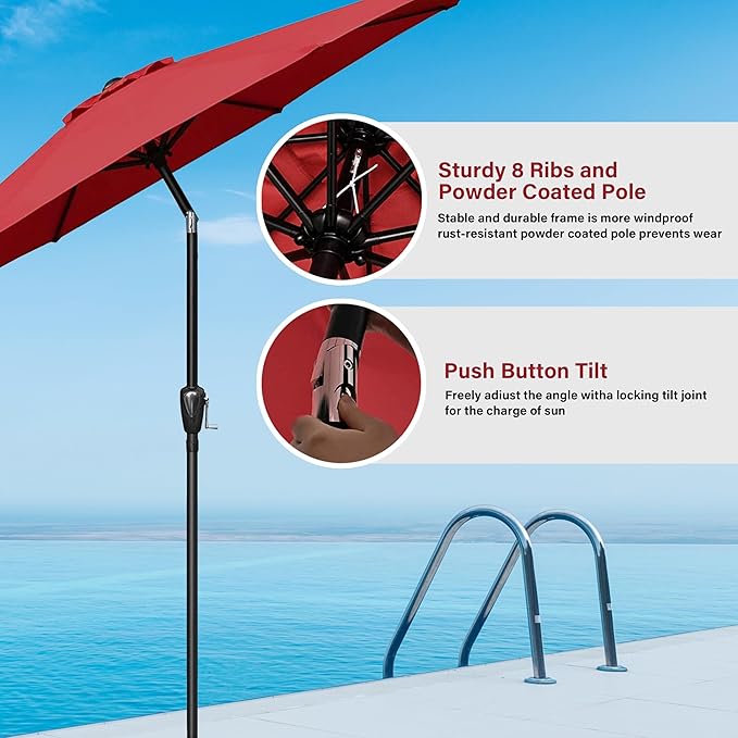 HealSmart 9' Outdoor Patio Umbrella, Market Table Umbrella with 8 Sturdy Ribs, Push Button Tilt and Crank for Garden, Yard, Pool, Red