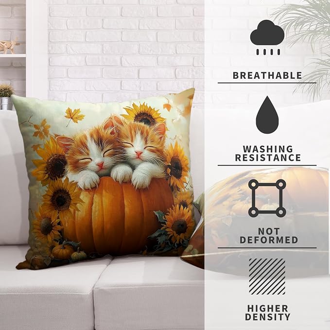 Fall Pillow Covers 22x22 Set of 2 Lovely Cat Pumpkin Sunflower Throw Pillow Covers Autumn Harvest Farmhouse Pillowcase Double Sided Printing Cushion Case for Patio Outdoor Sofa