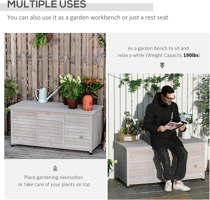 75 Gallon Wooden Deck Box Outdoor Storage Chest, Solid Fir Wood Patio Storage Container with Ventilated Design, Weather-Resistant Garden Tool Cushion Box with Bench Top (Grey)