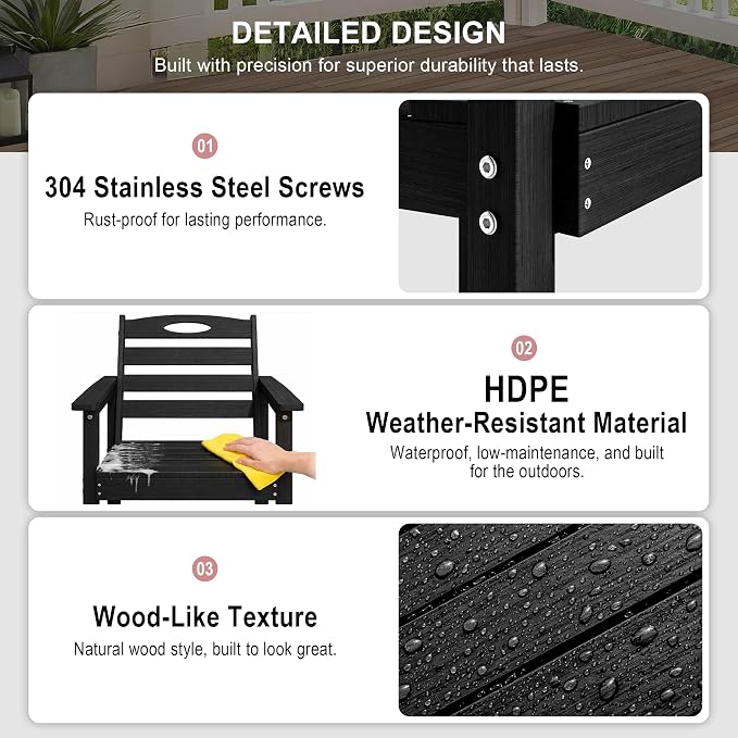 Domi HDPE Outdoor Dining Set, All-Weather Outdoor Dining Table Set of 5 with 2" Umbrella Hole, Outdoor Patio Dining Set for Garden, Poolside, Backyard, Deck, Black