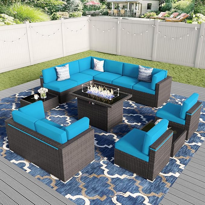 13 Pieces Patio Furniture Set with 44" Propane Gas Fire Pit Table, Outdoor Sectional Wicker Conversation Sofa Sets with Coffee Table