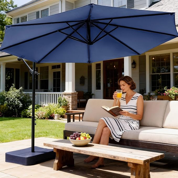 OLILAWN Cantilever Offset Patio Umbrellas, Outdoor 10 feet Large Patio Umbrella with Base Included, Upgraded Yarn-dyed Fabric Shade, Sturdy 8 Rids, 360 Degree Rotation & Easy Tilt Adjustment, for Pool Deck Porch Backyard Garden, Sapphire
