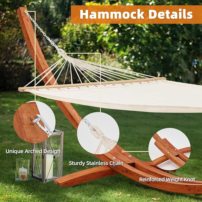ECOTOUGE 12 FT Wooden Hammock with Stand, Outdoor Hammock with Wood Stand for Single Person Heavy Duty Hammock and Stand for Outside Backyard, Balcony, Porch, Patio, Garden, 330 lbs Capacity, White