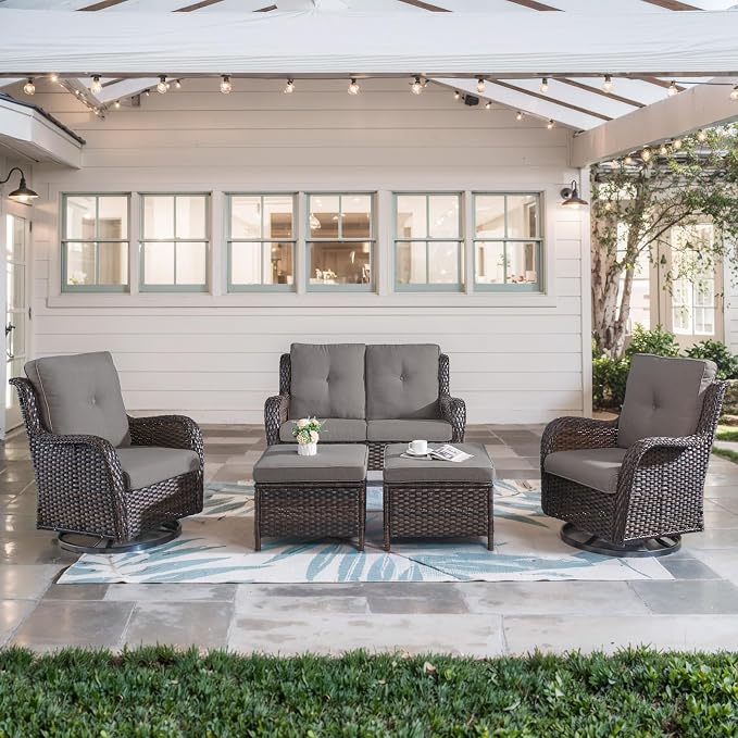 Belord 5 Piece Wicker Patio Furniture Set, Outdoor Swivel Rocker Chairs Set of 2 with Ottomans and Loveseat, All Weather Patio Conversation Furniture Set, for Porch Pool, Brown Wicker/Gray