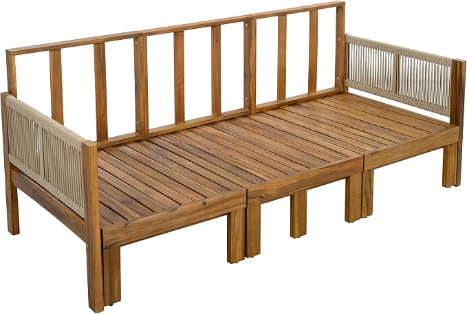JIVOIT Outdoor Patio Daybed with Rope-Woven Armrests, Convertible Outdoor Sleeper Sofa with Acacia Wood Frame, 3 Seat Patio Sunbed for Backyard, Pool (Brown/85)
