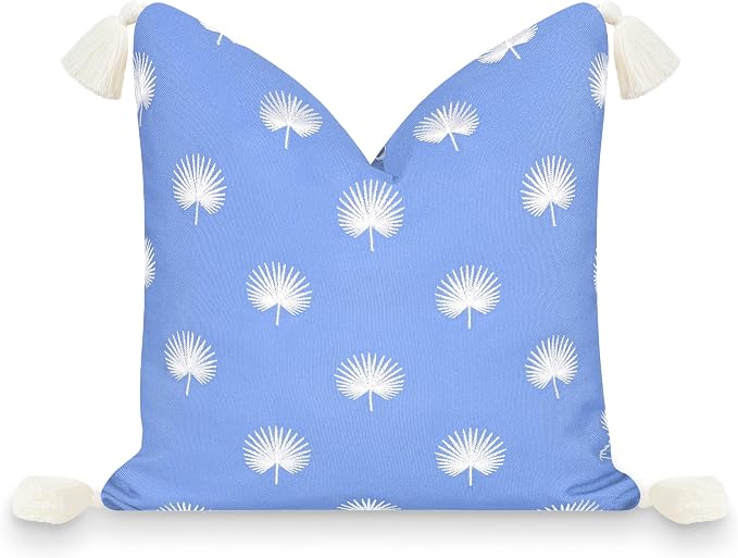Hofdeco Premium Coastal Patio Indoor Outdoor Pillow Cover Only, 18"x18" Water Repellent for Backyard, Couch, Cornflower Blue Embroidered Palm Leaf Tassel