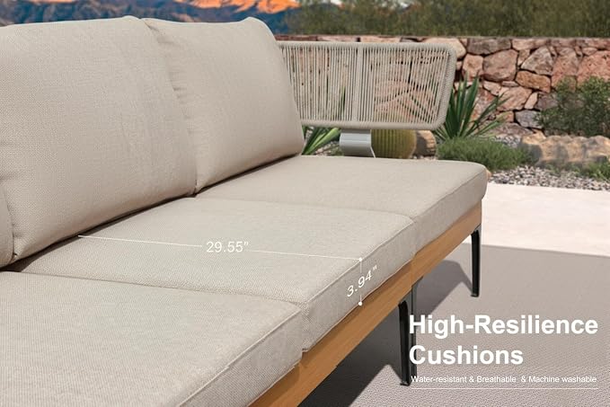 PURPLE LEAF Outdoor 3 Seater Wicker Sofa 82" Patio Couch with Tables Modern Aluminum Sofa Couch for Backyard Porch Apartment Living Room Bedroom, Cushions Included