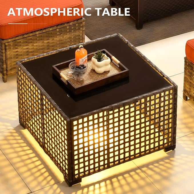 CAODOC 9 Pieces Outdoor Furniture,Patio Furniture with 54" Fire Pit Table,Wicker Conversation Set for Balcony,Deck,Pool and Backyard(Orange)