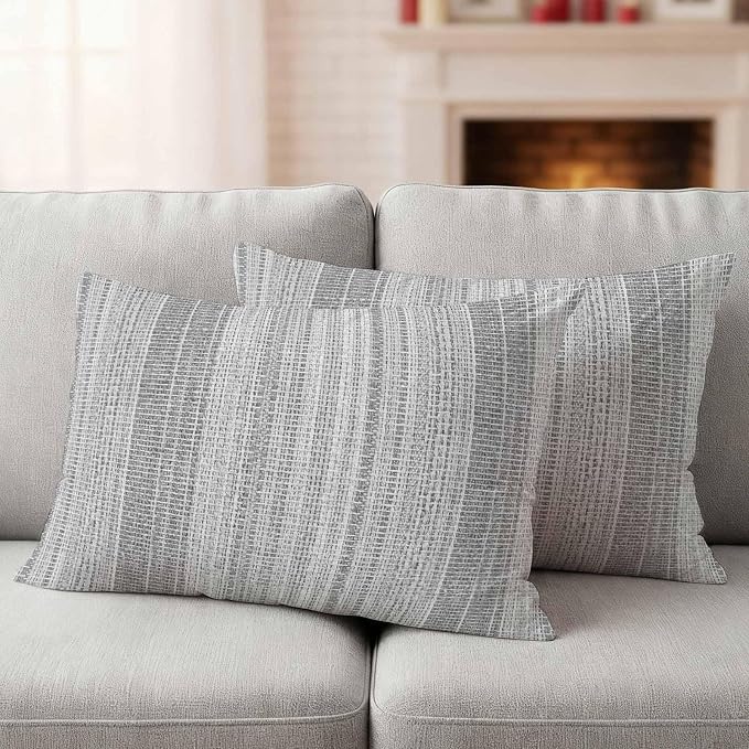 Abstract Gray Outdoor Pillow Covers 20"x12" Set of 2, Rustic Farmhouse Minimalist Grey Vertical Striped Lines Waterproof Throw Pillow Covers for Patio Furniture, Decorative Cushion Covers for Porch