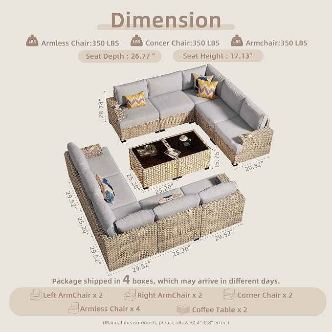 CAODOC Patio Furniture Sets 12 Pieces Outdoor Sectional Rattan Sofa Manual Weaving Wicker Patio Conversation Set with Ottomans and T Cushion(Grey)